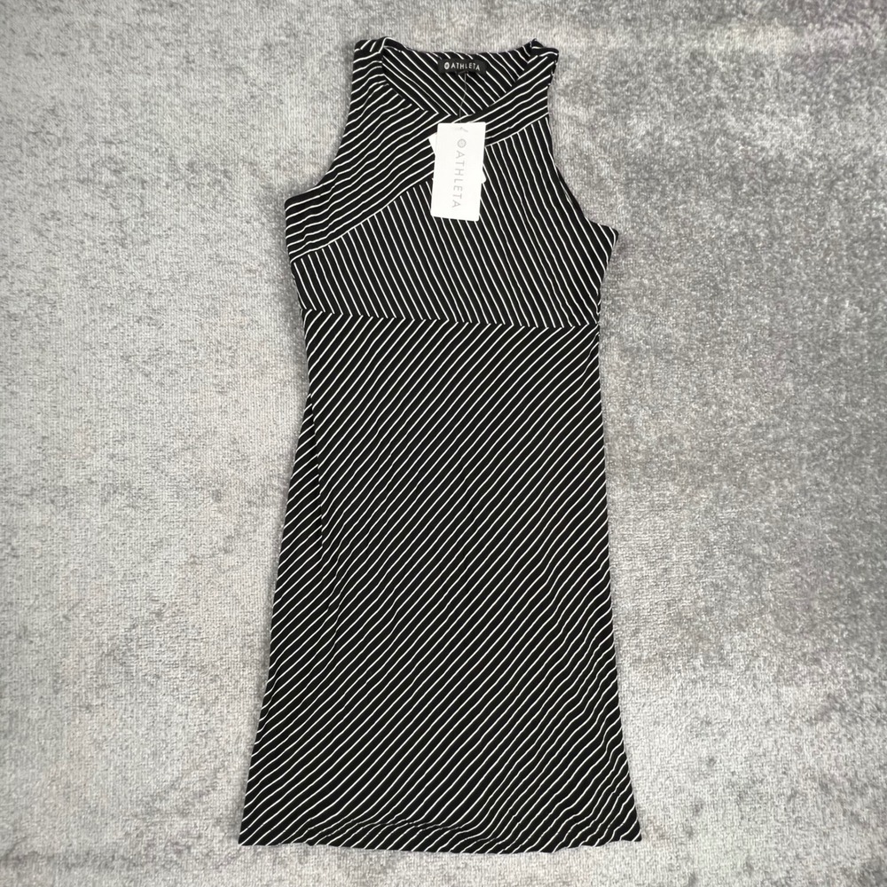 Athleta Santorini High Neck Mix Stripe Dress Black White Medium NWT 228764